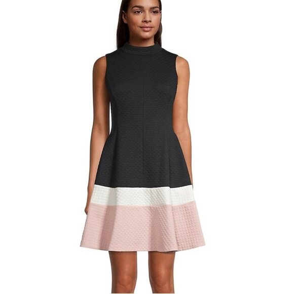 Eliza J. Blue, White, and Pink Color Block Fit & Flare Sleeveless Midi Dress - Picture 1 of 7